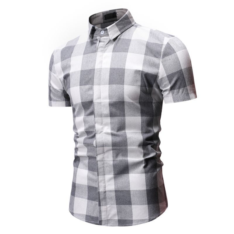 Mens Short Sleeve Checkered Button-Down Blouse White Plaid Red Shirt Mens Fashions Chemise Homme Dress Shirts Men Clothes YS55