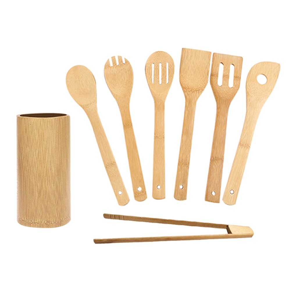 Easy Clean Multifunctional Mixing Kitchen Utensil Set Home For Cookware With Holder Flipping Spatula Stirring Spoons Bamboo