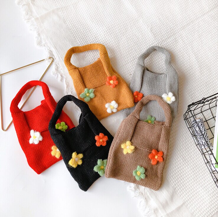 Women Kids Baby Handbag Cute Wool Floral Knit Diagonal Girls Bag Princess Party Crossbody Shoulder Bag Coin Purse Woven Mini Bag