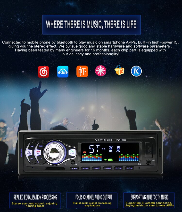 HEVXM 12V Bluetooth Car Radio 1DIN Stereo Audio MP3 Player FM Radio Bluetooth hands-free Receiver Support Aux-input SD USB