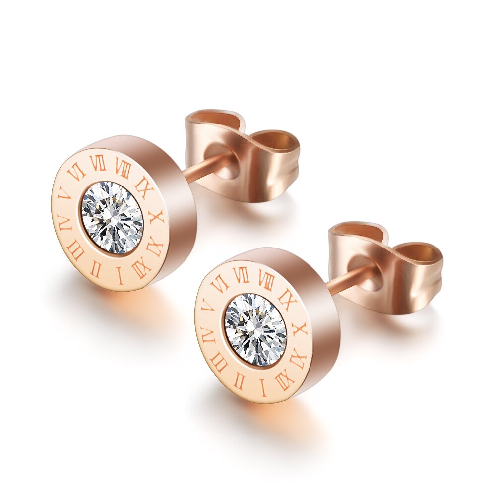 Edelstahl Stud Ohrringe für Frauen Gold Rose Farbe Römische Ziffer Zirkon Ohrringe Weibliche -Schmuck