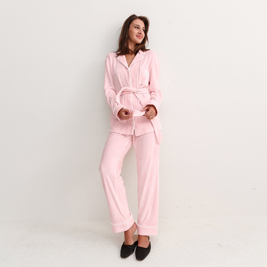 Hiloc – pyjama en velours tricoté pour femmes, ensemble avec pantalon, poches, manches longues, costume, simple boutonnage, vêtements de maison