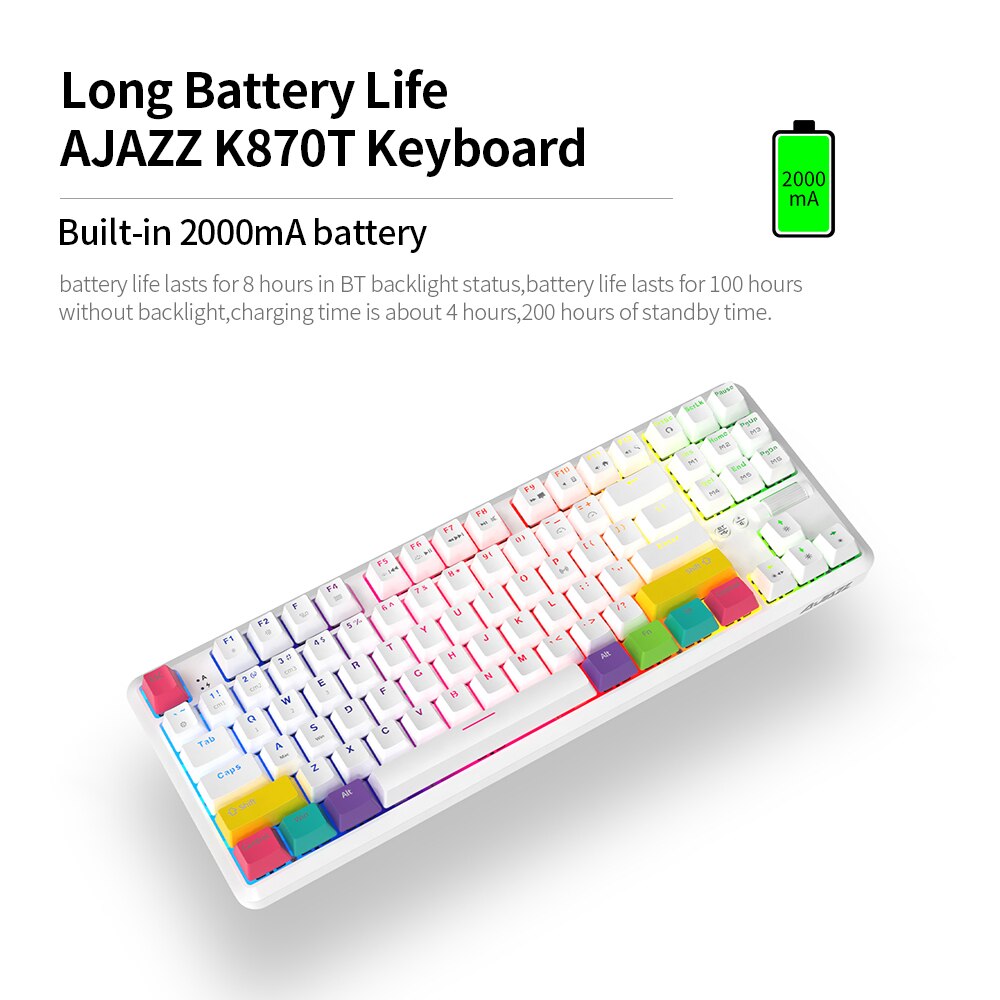 Ajazz K870T Bt Draadloze Dual Mode Toetsenbord Rgb Mechanische Spel Toetsenbord Voor Telefoon/Tablet/Pc Outemu Zwart/blauw/Rood/Bruin Schakelaars