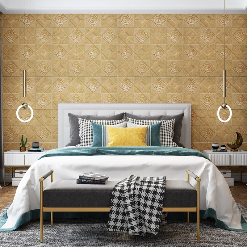 5Pcs 3D Self-adhesive Wall Sticker Wall Panel Ceiling Rose Pattern Waterproof Moisture-proof Foam Wallpaper Living Room Decor
