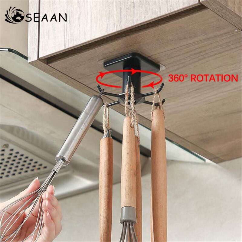 360° kitchen Rotating storage hook Punch-free wall storage rack shelf bathroom hanger spatula spoon Cookware utensils organizer
