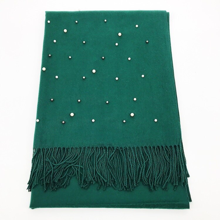 Écharpe de de luxe épais hiver femmes écharpe chaude cachemire étoile perle solide gland châle couverture pour emmailloter Hijab dame écharpe Pashmina: Noir Vert
