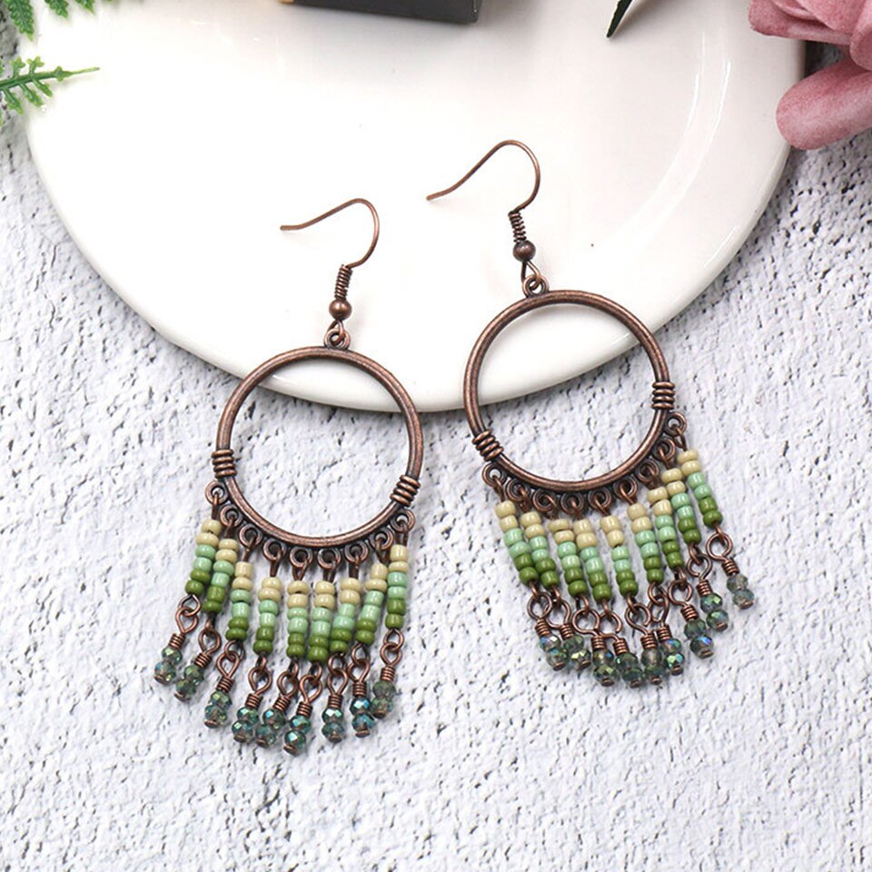 Vintage Round India Boho Ethnic Beads Dangle Tassel Earrings for Women Female Hanging Earrings Jewelry Accessories