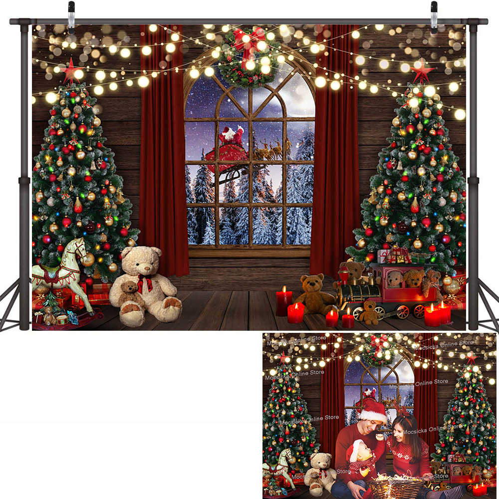 Christmas Trees Bear Toys Backdrop Winter Night Dreamy Santa Claus Photo Background Window Pine Forest Xmas Decorations Supplies: 1500*2000