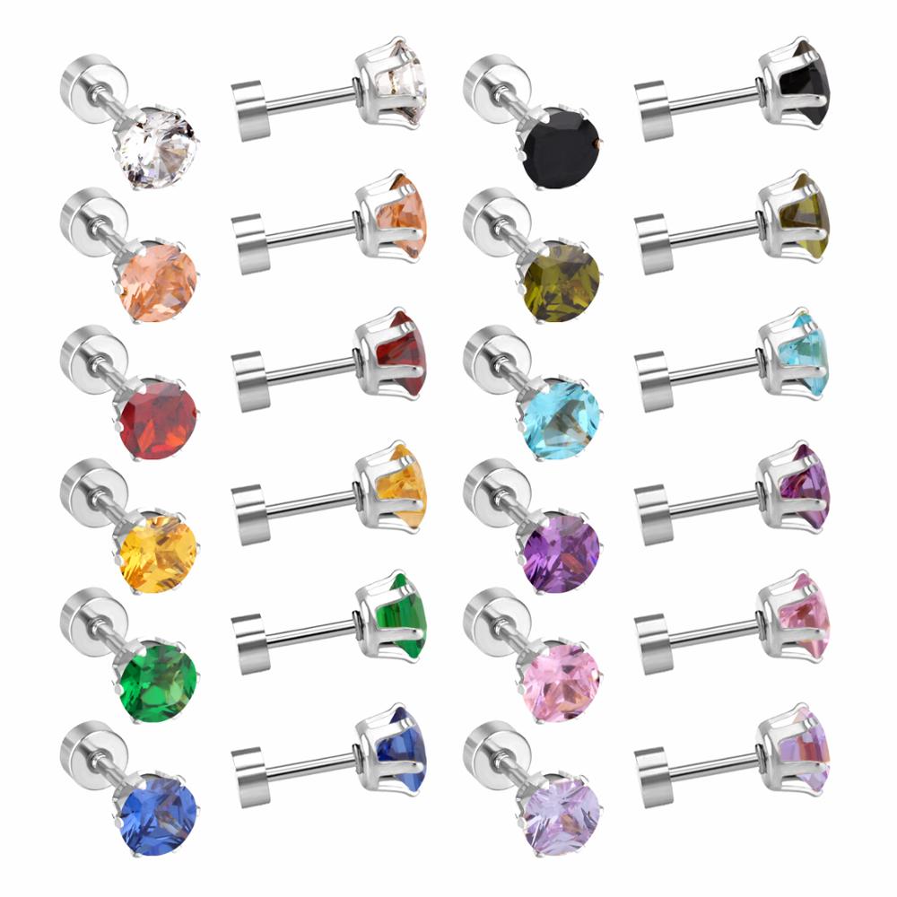 LUXUSTEE 12pairs lots Colorful CZ Earrings Price Stainless Steel Anti-allergy 3mm 6mm Screw Stud Earrings Wedding