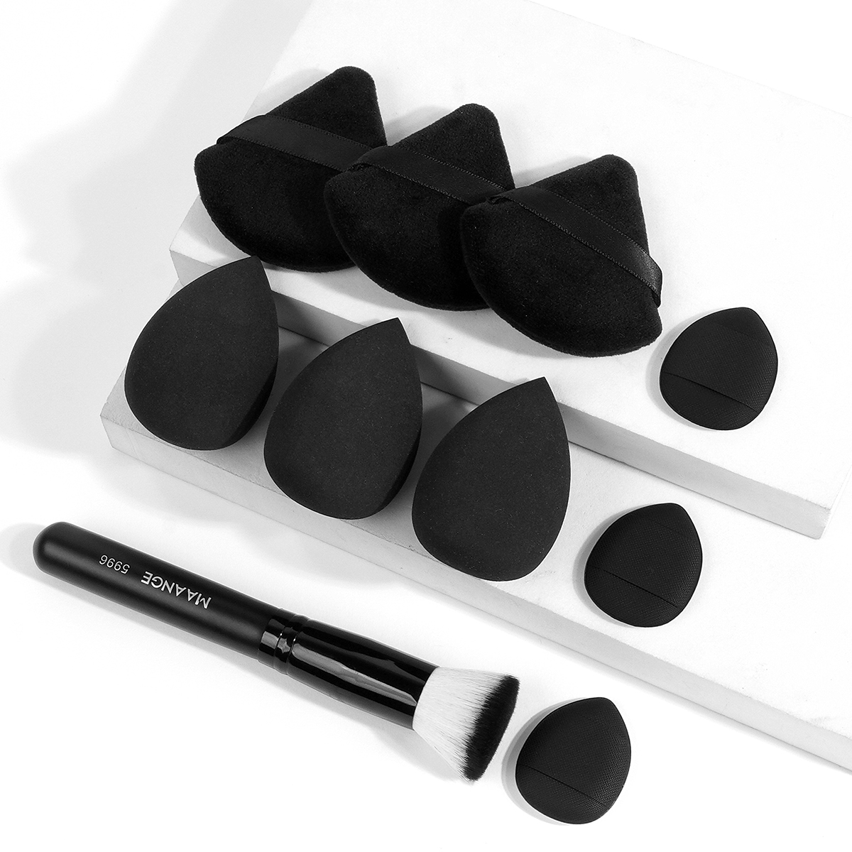 MAANGE 1pz Pennello per fondotinta con 9pz Soffio per trucco Contorno arrossire Pennello per trucco Triangolo Soffio per cipria Spugna morbida per dita