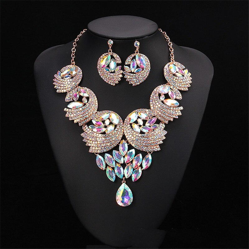 Luxe kleurrijke kristallen veer sieraden sets ketting oorbellen bruids bruiloft strass sieraden accessoires sets voor vrouwen: Abmulti