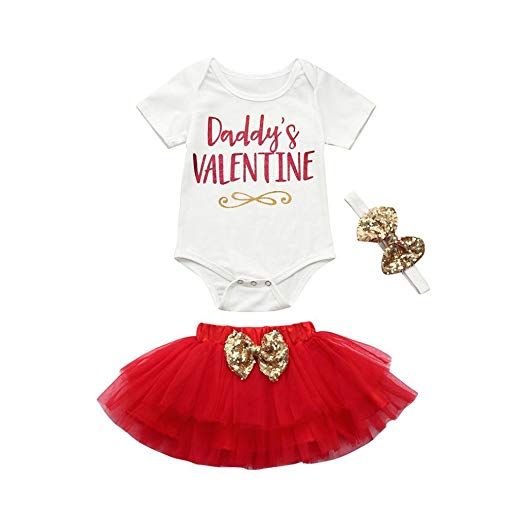 Barboteuse 3 pièces -né infantile bébé fille scintillant nœud lettre papa saint valentin tenues ensemble Tutu jupe ensemble