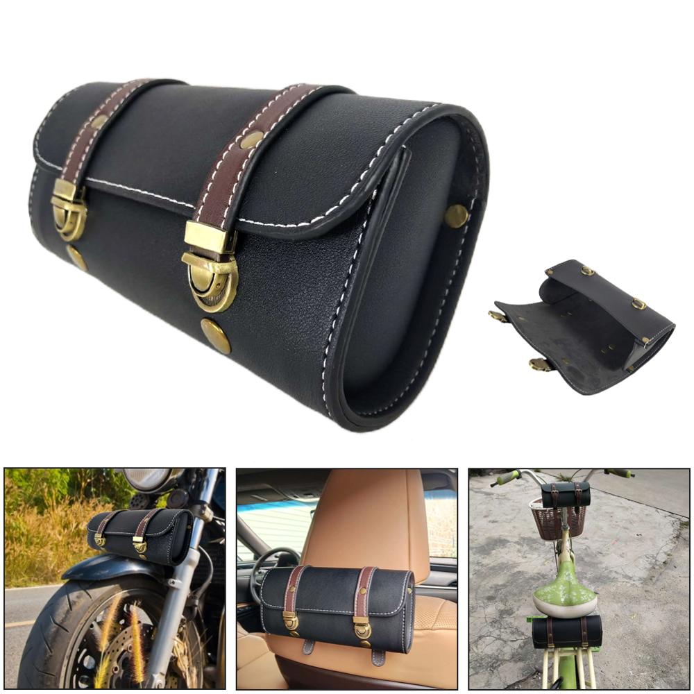 Universal motorcykel rulle sadeltaske pu læder justerbare stropper motorcykel forgaffel taske sadeltasker cykel styretaske csv: Sort