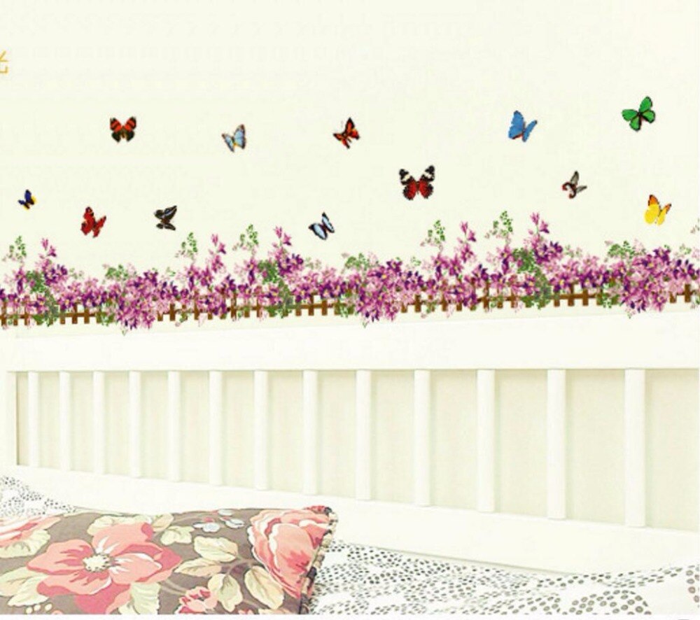 Purple Flower Butterfly Fence Vinyl Removable Stickers For Nursery Kids Bathroom Window Showcase Decor Mural Wall Sticker Decals