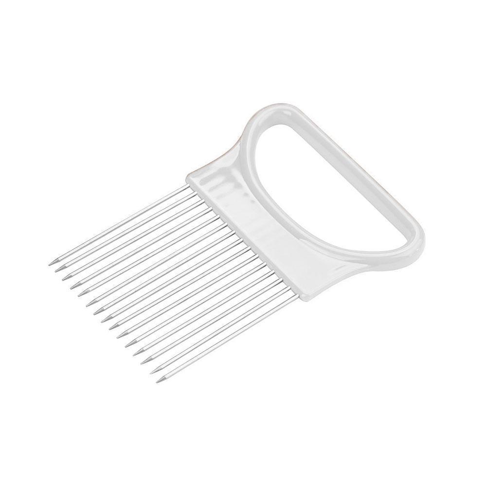 1PC de acero agujas para cebolla tenedor para cebolla verduras fruta máquina de cortar tomate corte seguro Tenedor de ayuda accesorios de cocina: white