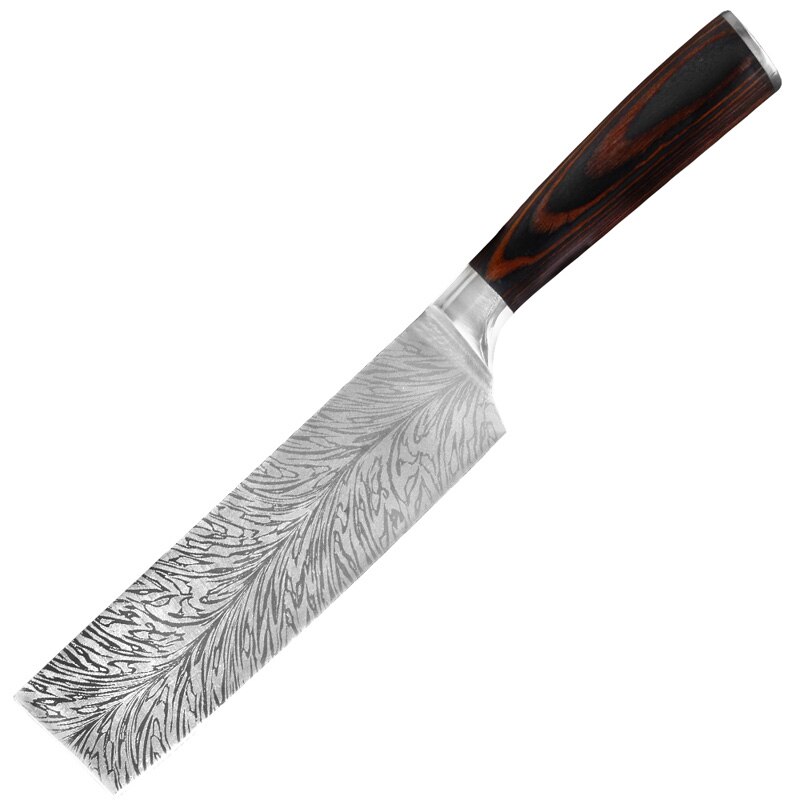 Damask fjermønster rustfrit stål køkkenknive efterligning damaskus klinge køkkenkniv 7 cr 17 kokknive sæt træhåndtag: 7 tommer nakiri