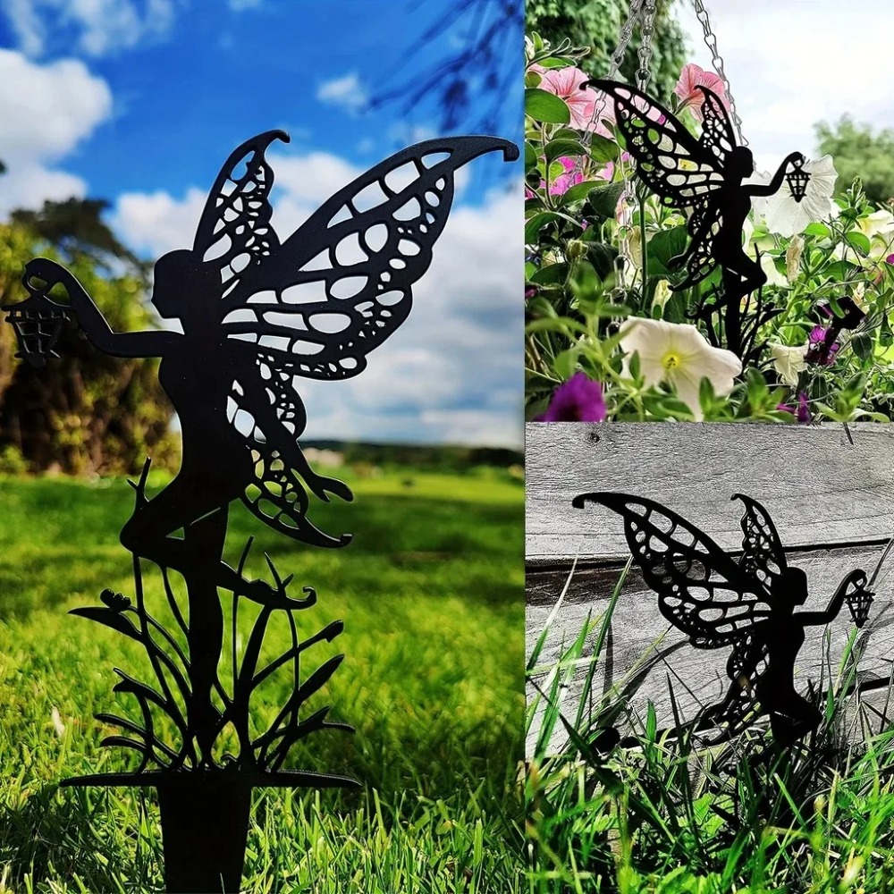 12 x 18 cm havefe-metal udendørsdekoration - finurlige fe-figurer med blomsterdetaljer, vejrbestandig terrasse- og græsplænekunst