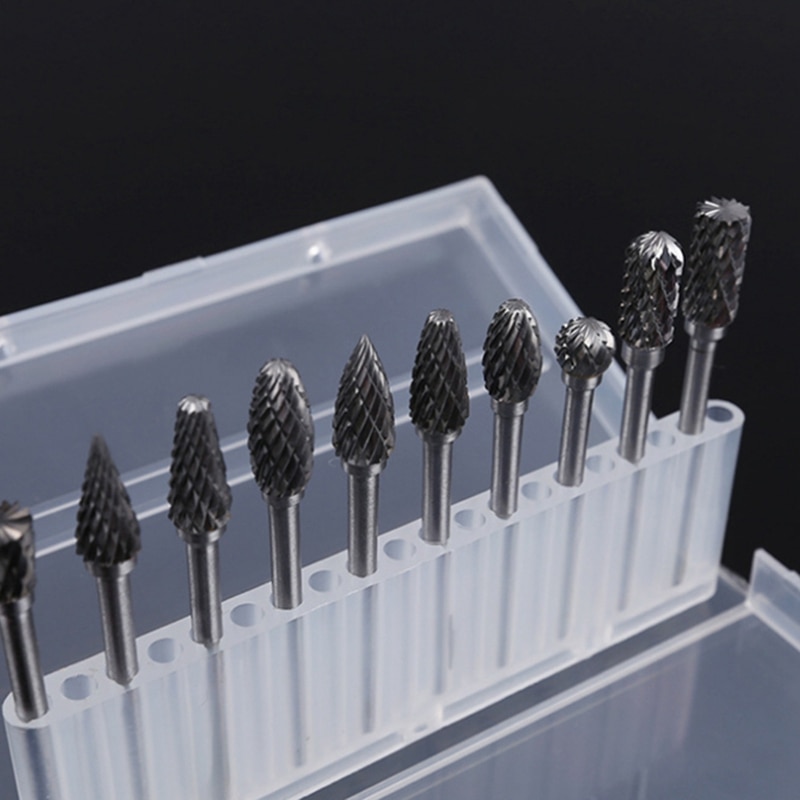 Double Cut Carbide Rotary Burr Set - 10 Pcs 1/8inch Shank, 1/4inch Head Length Tungsten Steel for Woodworking,Drilling