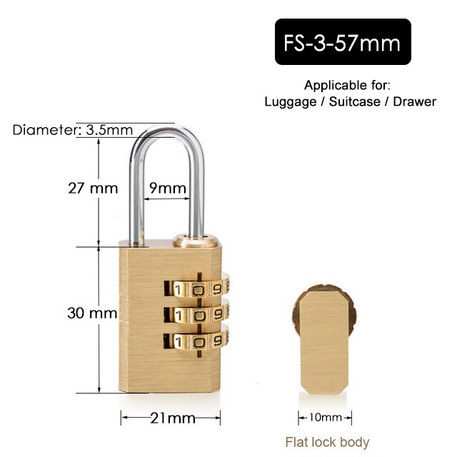 NAIERDI Digital Combination Password Lock High Security Solid Brass Anti-Drill Lock Travel Luggage Code Padlock Suitcase Locks: FS-3-57MM