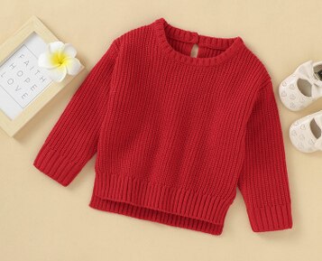 Imcute jesienno-zimowy dzianinowy sweter dziecięcy jednolity kolor okrągły dekolt z długimi rękawami dzianinowy ciepły sweter czerwony