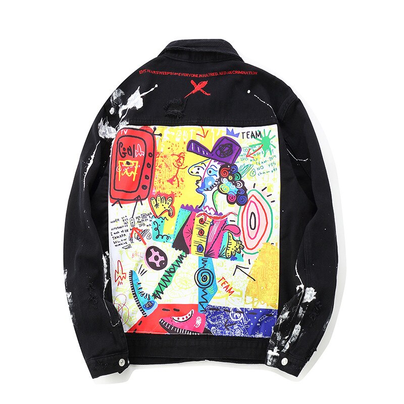 LOVZON-chaqueta vaquera con estampado de Graffiti para hombre, chaqueta masculina de estilo Hip Hop con cuello vuelto: XL