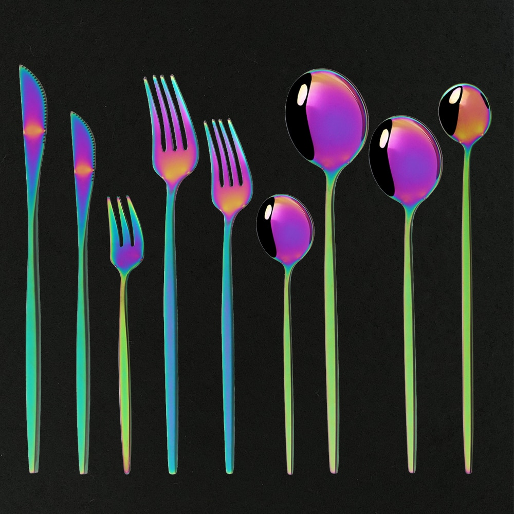 Vaisselle arc-en-ciel vaisselle ensemble de couverts en acier inoxydable de luxe couverts maison fourchette cuillère couteau cuisine dîner ensemble directe
