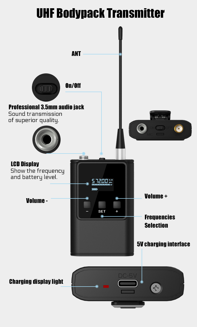 Système de Microphone sans fil double, micro casque/micro sur pied/micro à revers Lavalier avec émetteur et récepteur Bodypack rechargeables