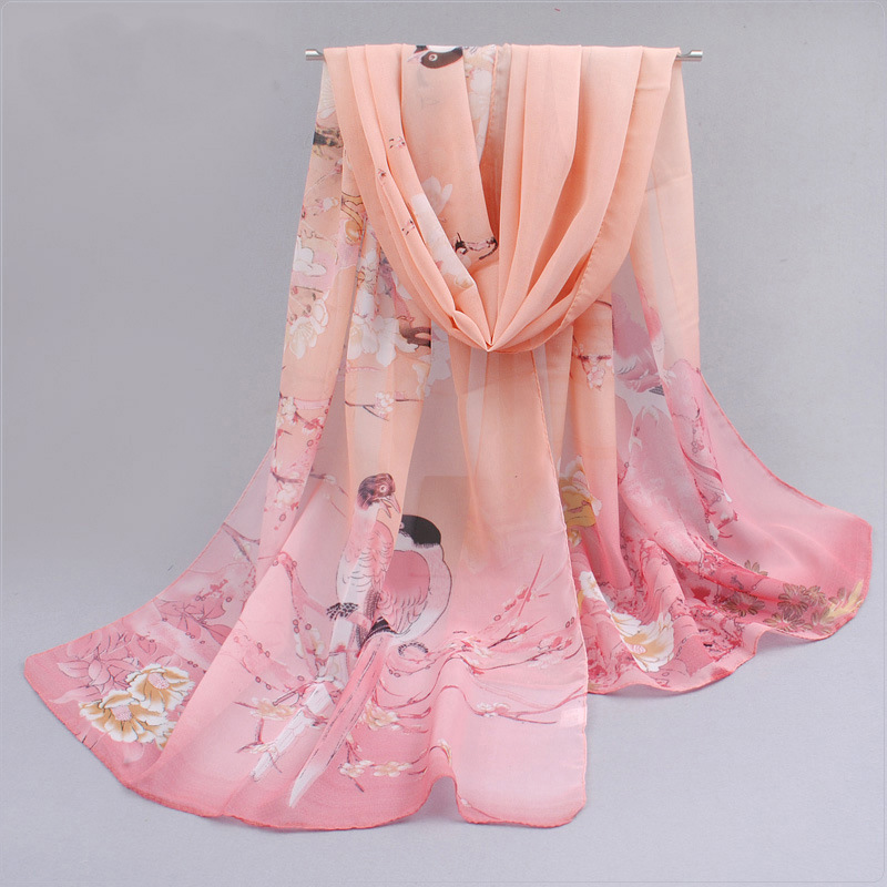 Spring Summer Printed Chiffon Silk Magpie Scarf Compact Lightweight Scarf Travel Sun Protection Scarf Shawls Wraps For Women