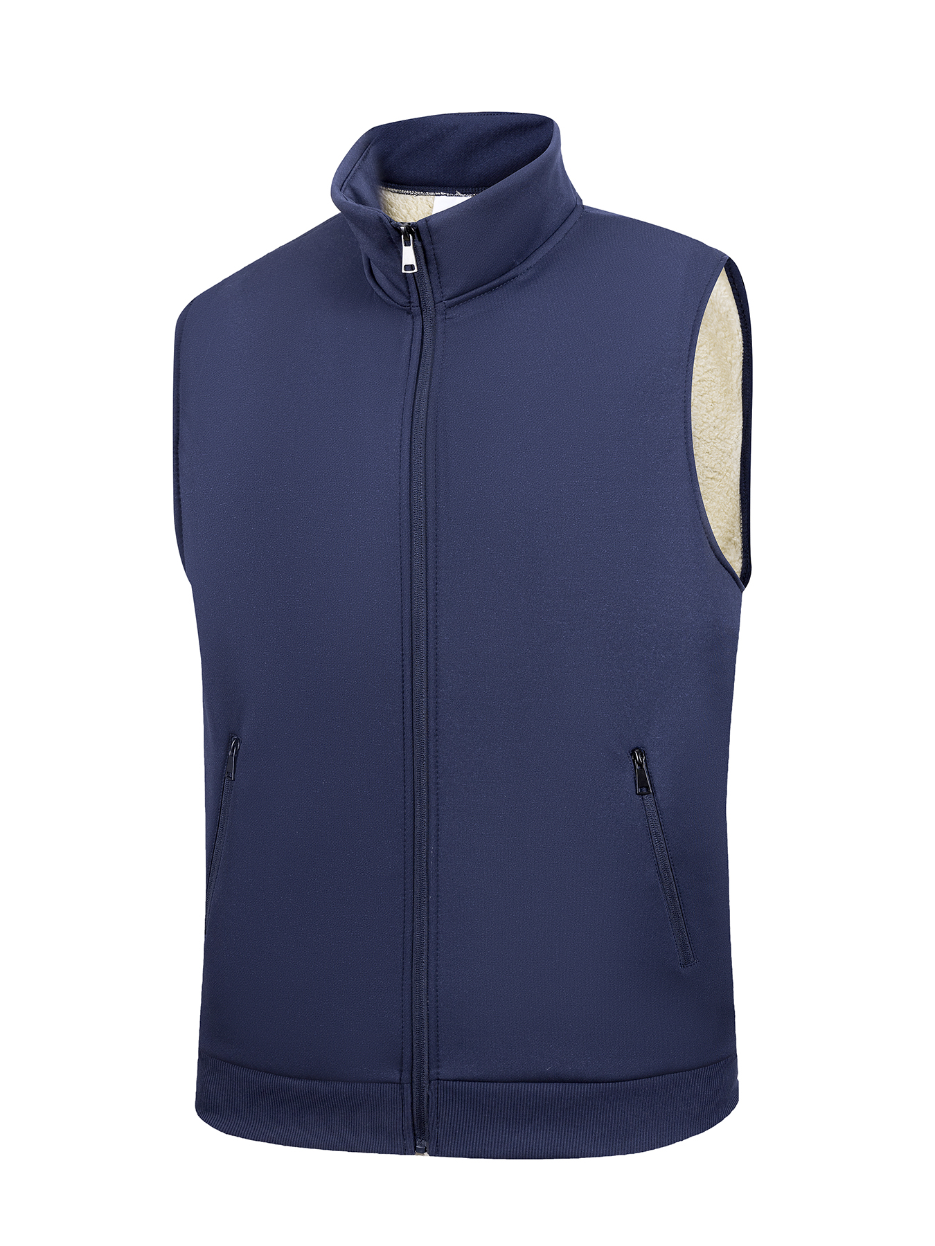 Herfst en winter heren warm vest jas buiten verdikte effen kleur mouwloze jassen staande kraag rits atletische vest tops: S / Marineblauw