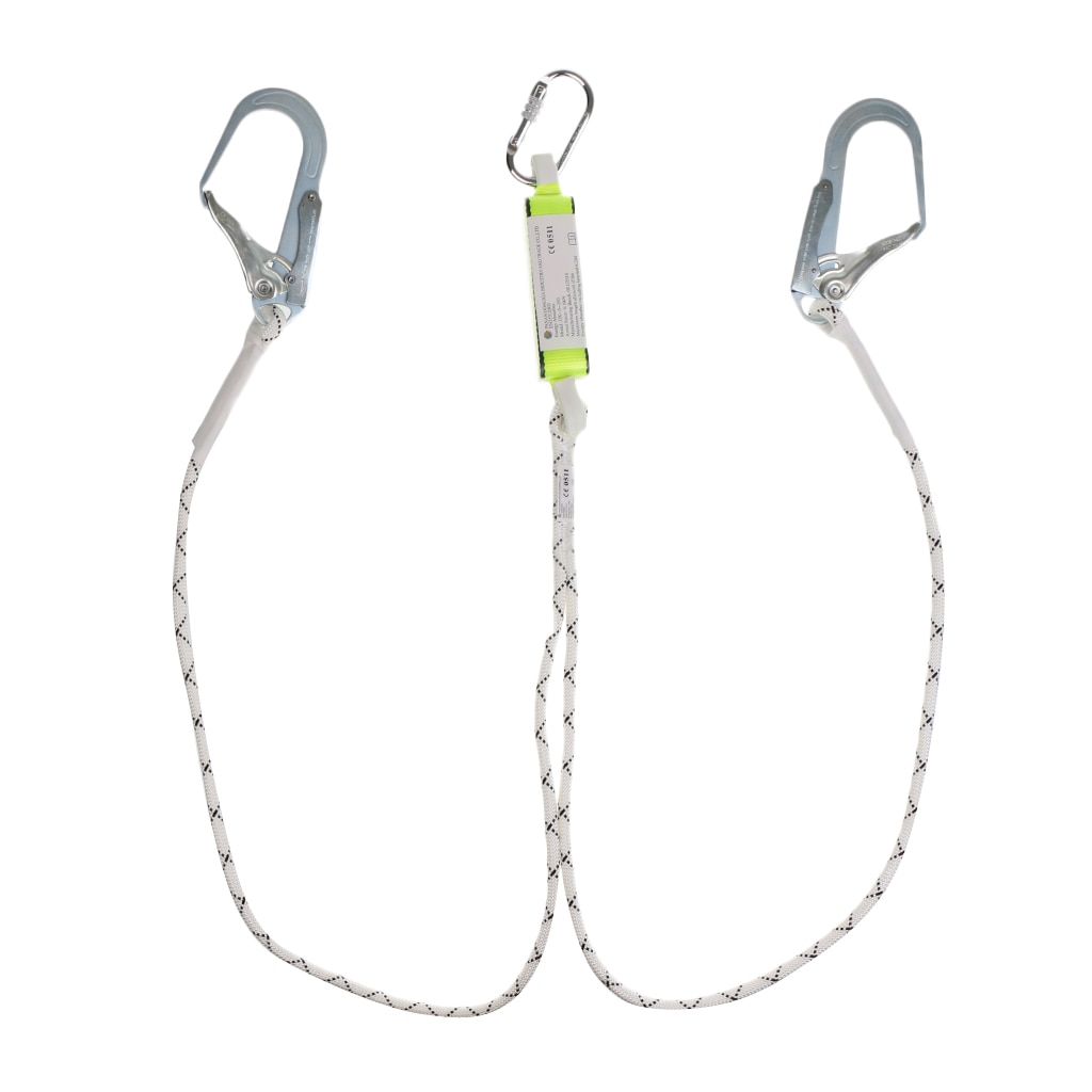 High Strength Polyester Safety Shock Absorbing Lanyard Dual Leg Gear Equipment + 2 Large Snap Hooks + Carabiner