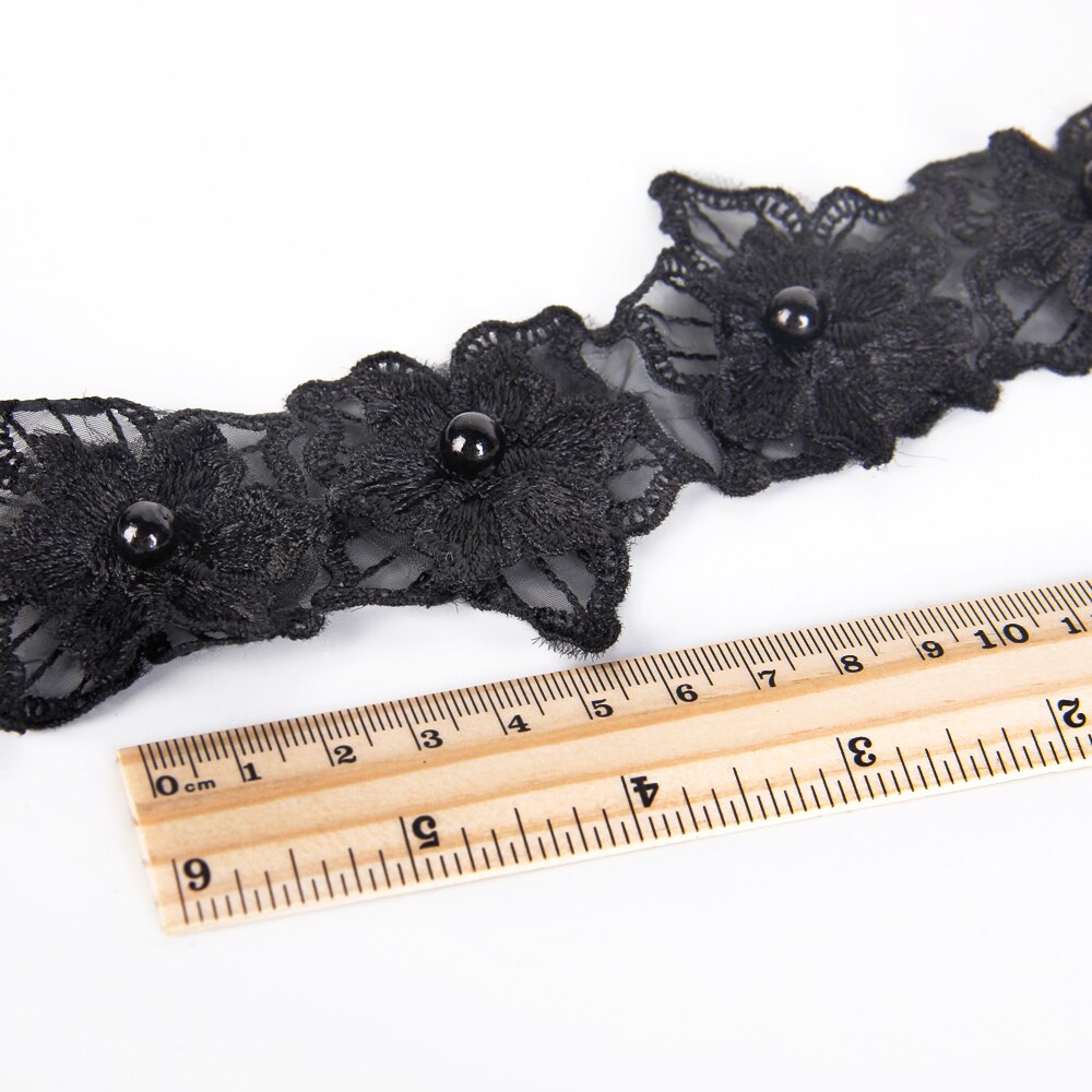 Ruban brodé perles noires avec bordure en dentelle fleur | Accessoire de couture, ruban décoratif pour mariage, 1Yc2475: 1056279001