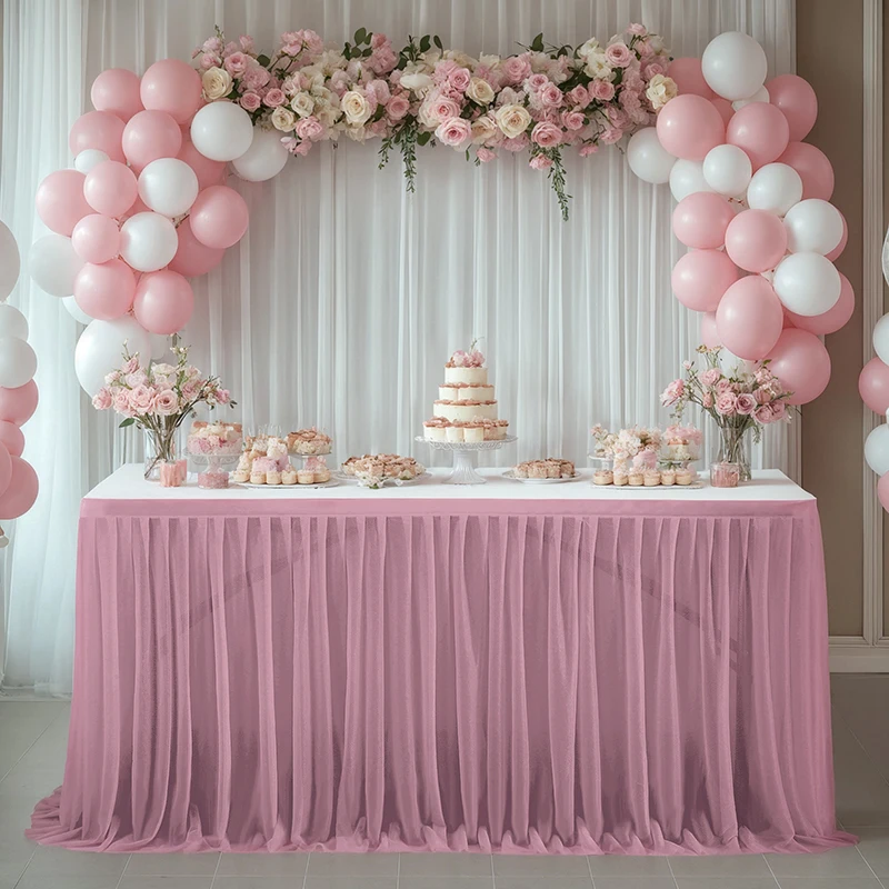 White Tulle Table Skirt Rectangle/Round Tables Ruffle Semi Sheer Tablecloths for Wedding Bridal Shower Birthday Party Decoration