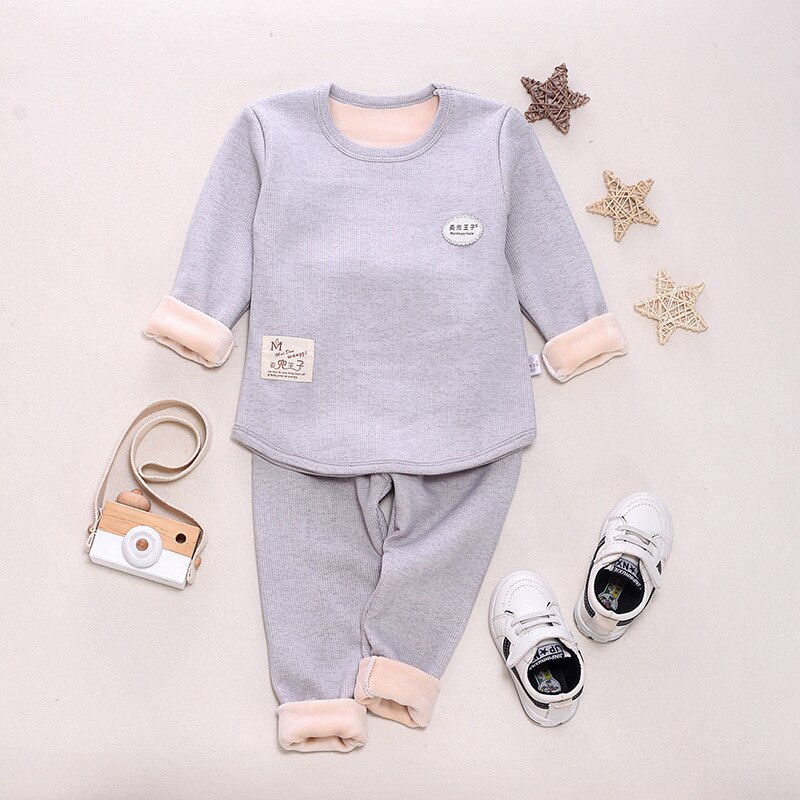 Winter Effen Kleur Katoen Kinderen Pyjama Sets Warm Baby Meisjes Jongens Kleding Jongen Meisje Plus Fluwelen Dikke Kids Nachtkleding: Zilver