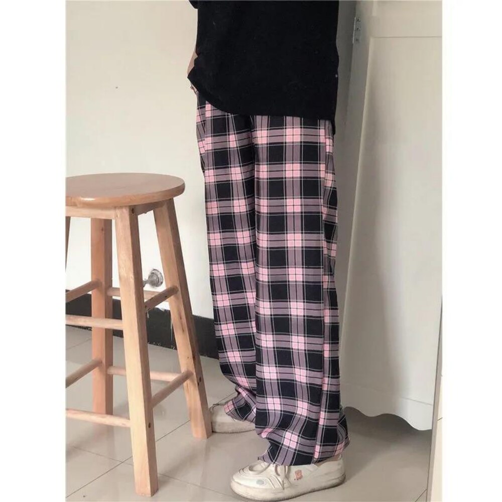 Pantalones a cuadros negros y rosas de gran tamaño para mujer, pantalón informal holgado de pierna ancha, Pantalones rectos Retro para adolescentes, ropa de calle de hip hop: Morado / S