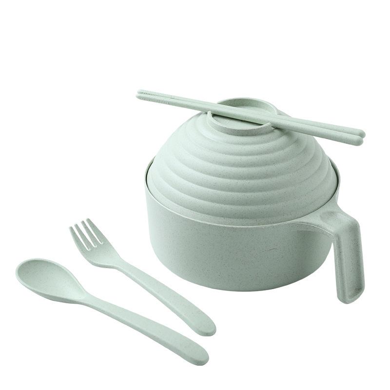 5Pcs Wheat Straw multifunctional with lid bowl spoon fork chopsticks Eating Dinnerware Set Anti bowl Microwavable Bowl: Green