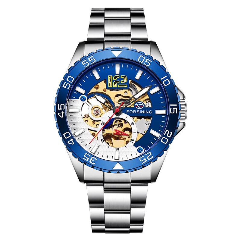 Mode Forsining Heren Sport Automatic Skeleton Horloge Blauw Rvs Mechanische Lichtgevende Waterdichte Horloges: silver blue