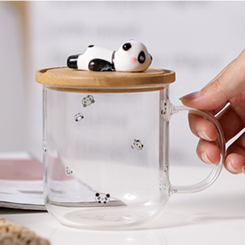 Vaso transparente de Panda travieso con mango de tapa 3D vidrio de dibujos animados resistente a altas temperaturas borosilicato hogar taza de jugo de té