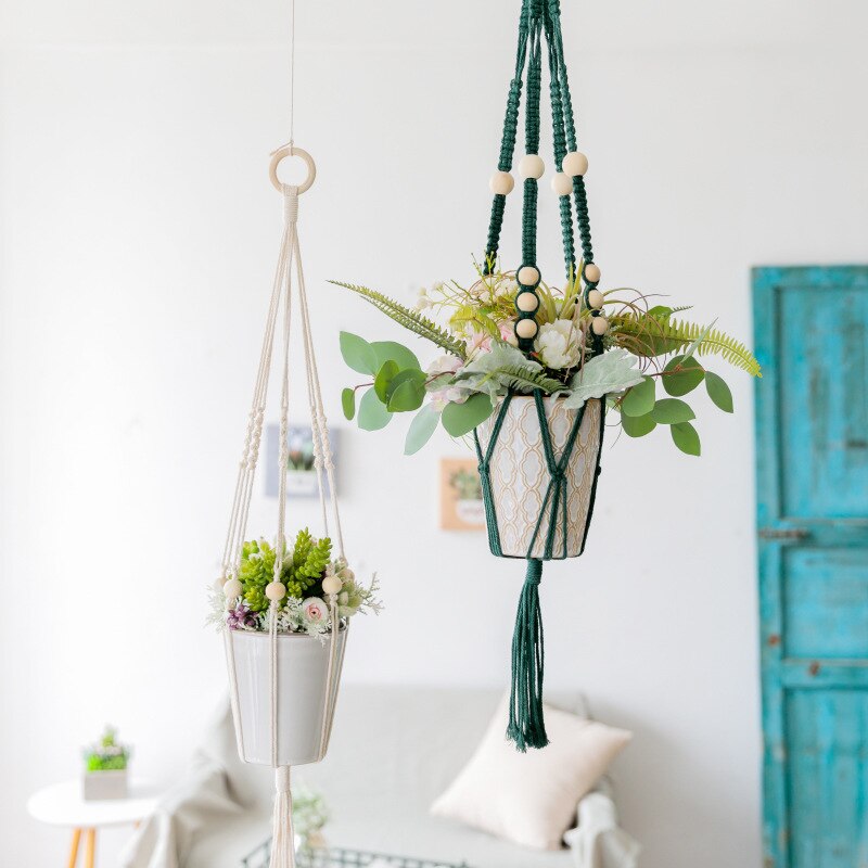 Macrame Plant Hanger Groen Geel Beige Met Bean Groen Geel Zwart