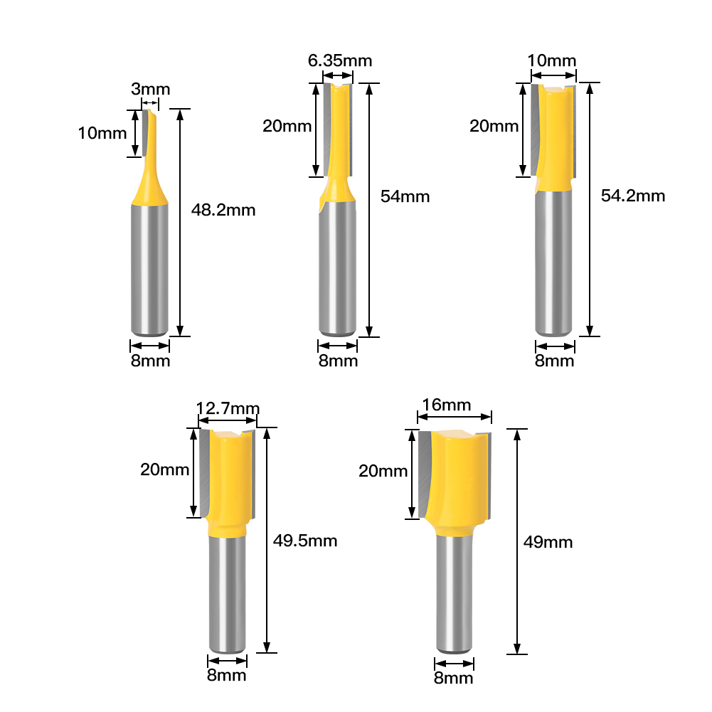 5PCS 8mm Shank Straight Woodworking Router Bit Set Carpenter Milling Cutter 3/6/10/12/16mm Cutting Diameter: Default Title