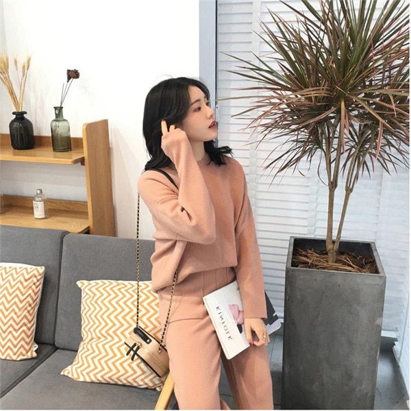 Tom Hagen Autumn Women Suit Warm Cashmere Sport Suit Sweater Two Piece Knitted Set Casual Tracksuit Jogger Set Sweatsuit: orange pink / L