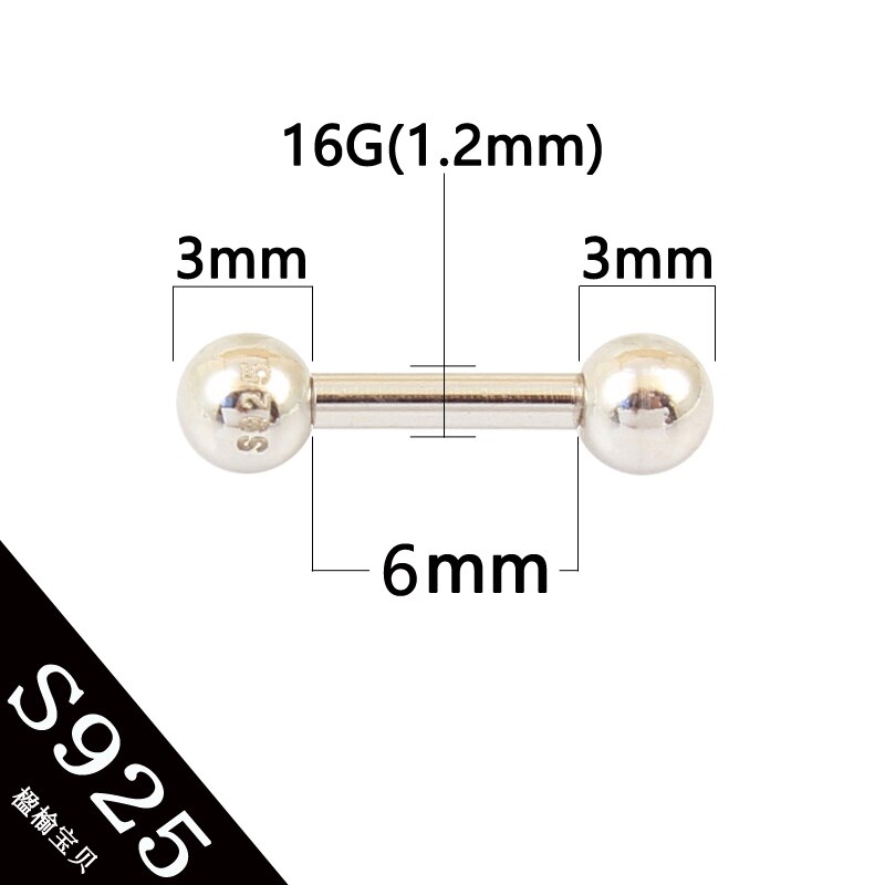 925 sterling silver body jewelry barbell pure S925 16G nipple ring tongue ring eyebrow nail tongue body piercing ONE PIECE: PIN length 6mm