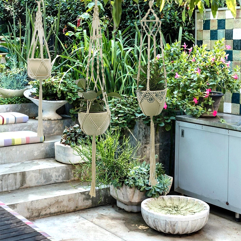 Makramee-Pflanze zum Aufhängen, Blumentopf, zum Aufhängen, Pflanzgefäß, Hängekörbe, handgefertigter Pflanzenhalter, Netz-Aufhänger für Wanddekoration