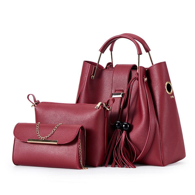3 stuks samengestelde tassen voor dames, tassensets, pu-leren schoudertassen, handtas met kwastjes, casual tote, samengestelde koerierstas: Rood