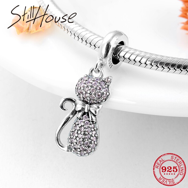 Gør-det-selv sølv charme passer til originale europæiske armbånd perler 925 sterlingsølv kærlighed dingle charms pink mousserende cz kat perle