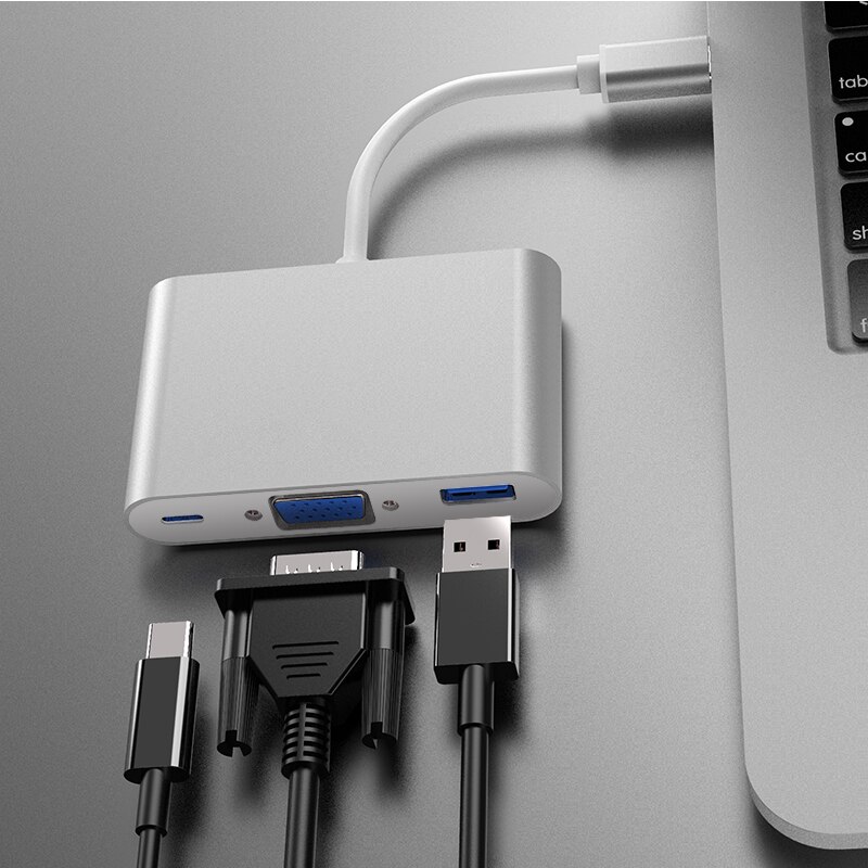 Type c til vga usb 3.0 pd 3- i -1 thunderbolt type c hub  to 4k vga usb adapter med type-c strøm til bærbar computer