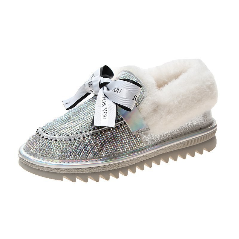 Glänsande kristallpärlor pälslägenheter kvinnor band bowtie plysch vinterskor antisladd strass ull päls mockasin kvinnor bomull loafers: Silverband / 6