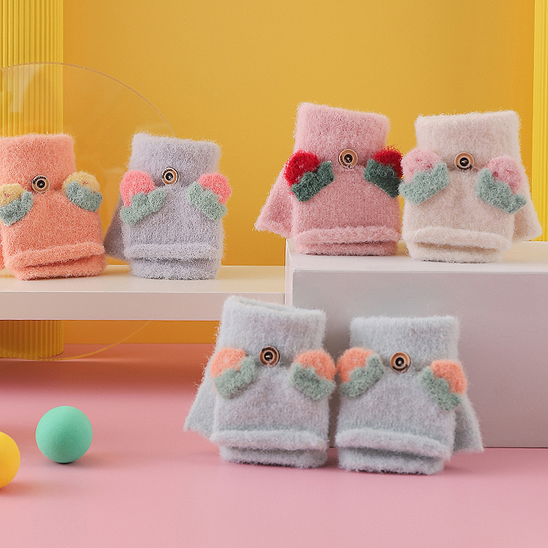 Nette Karikatur Baby Handschuhe freundlicher Winter Gestrickte Fäustlinge Handschuhe Dicke Warme Halb Finger Handschuhe freundlicher Fingerlose Handschuhe für Mädchen