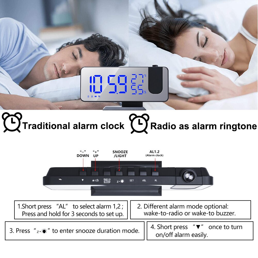 Reloj Despertador Digital con Proyección LED, Dispositivo Electrónico para Mesilla de Noche del Dormitorio con Radio FM y Proyector de Tiempo