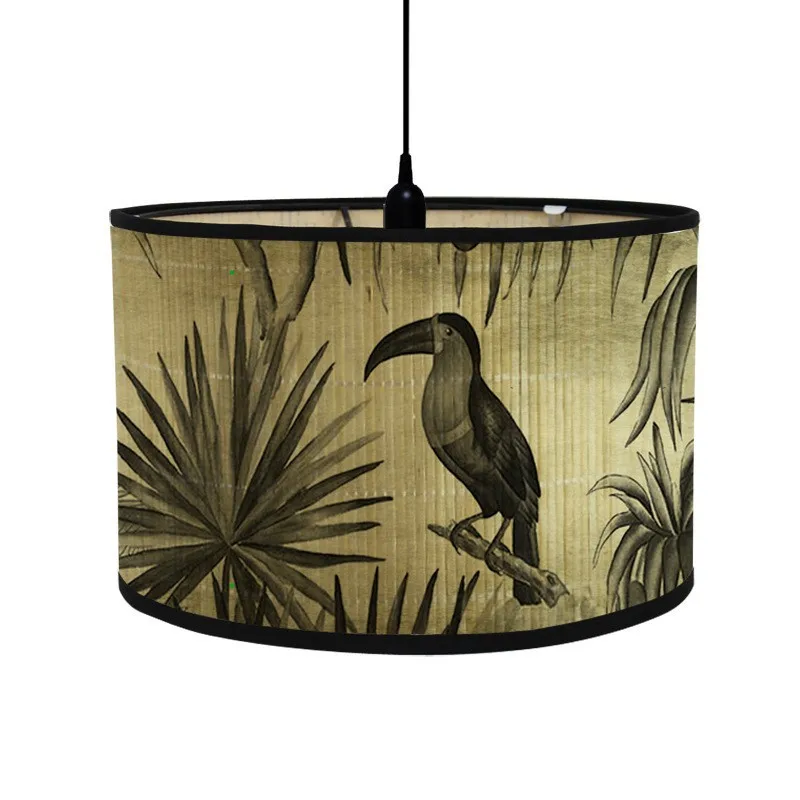 Nordische Trommel Lampen schirme Vintage Bambus Lampen abdeckung Blumen vögel Muster Tisch Stehlampen Pendel leuchte Cafe Home Homes tay Dekor: Beige