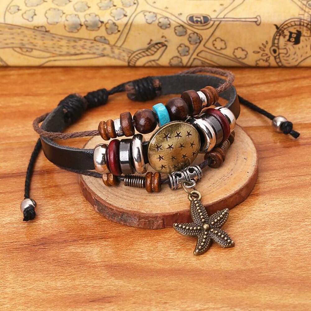 Vintage Leather Bracelet hand woven student leather rope men's and women's universal leather Beaded Friendship Bracelet: Blue Zinc Plated